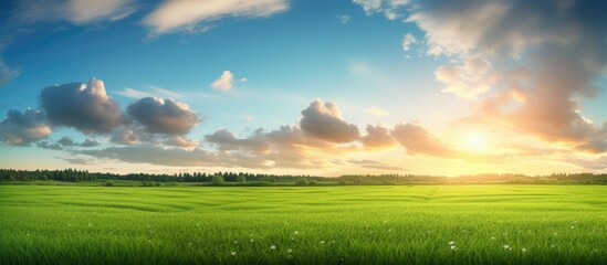 Obraz premium Sunset over a picturesque green field with a stunning sky backdrop, ideal for copy space images.