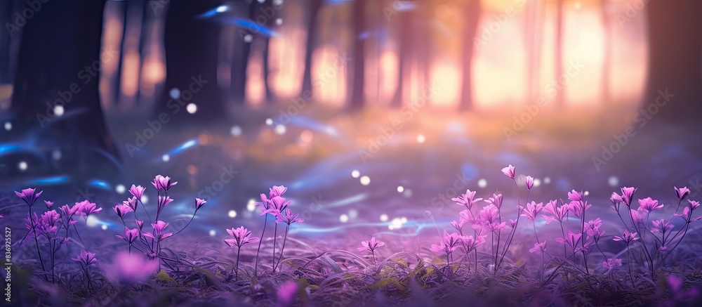 Poster Nature forest background with violet purple bokeh. Copy space image available.