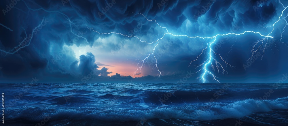Aufkleber powerful lightning bolts striking the ocean with a dramatic effect in a copy space image.