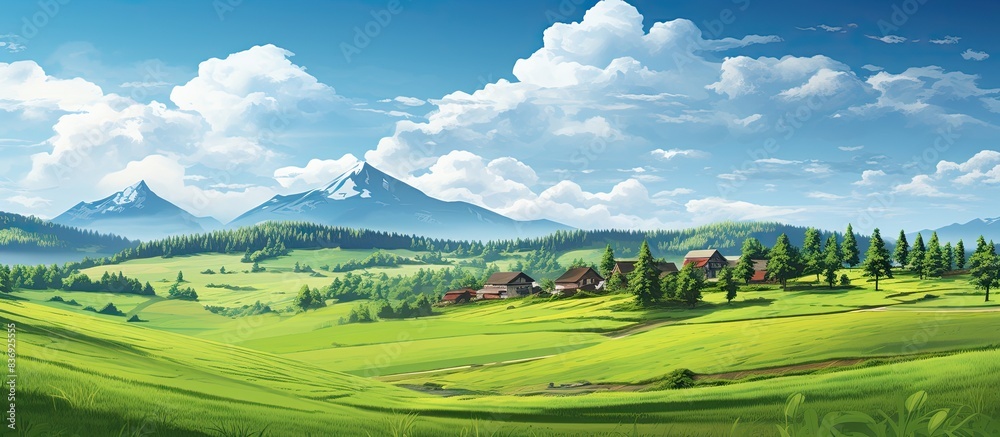 Poster a scenic summer view with colorful fields, a lush forest, and a quaint village in the background, id