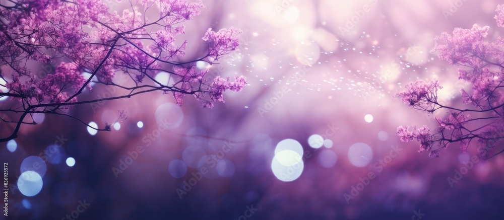 Poster nature forest background with violet purple bokeh. copy space image available.