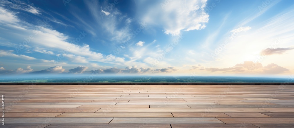 Aufkleber wooden floor set against a backdrop of the sky filled with clouds, suitable as a copy space image.