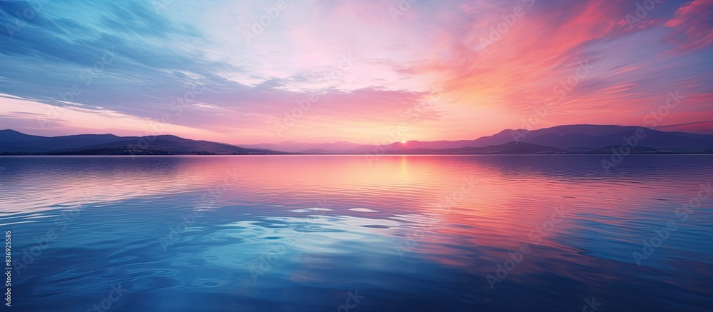 Poster a serene sunset over a tranquil lake with vibrant hues in the sky, captured in a high-quality copy s