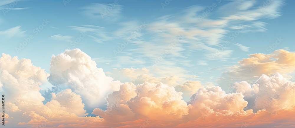 Poster summer sky with fluffy clouds in shades of orange and blue, ideal for displaying copy space image.