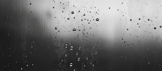 Black and white background of the condensate flowing water on the window glass. Collecting and streaming down. High air strong humidity, large drops drip.