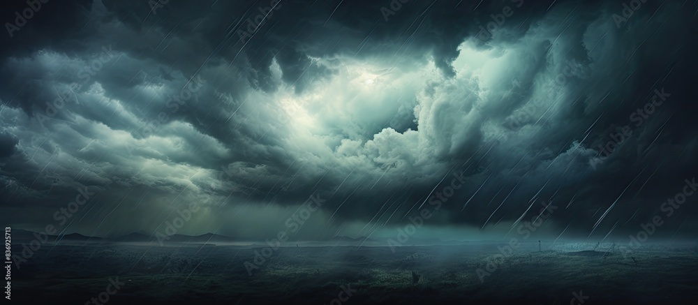 Poster dark storm clouds fill the sky with rain, creating an ominous and stormy atmosphere in nature's envi