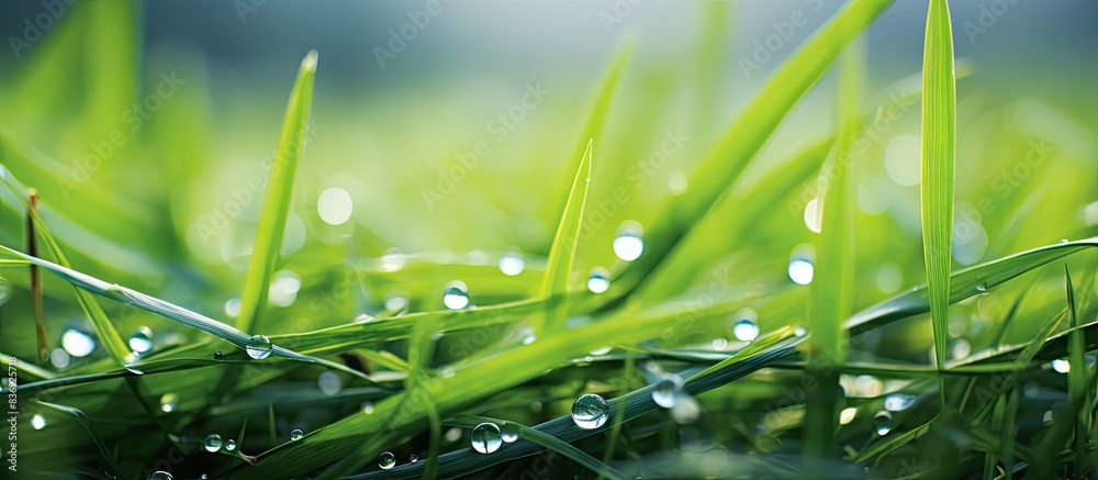Aufkleber dew droplets form on grass by a lakeshore creating a close-up copy space image.