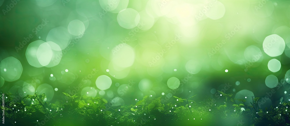 Poster Abstract natural green lights with sun rays creating a bokeh effect in the background of the copy space image.