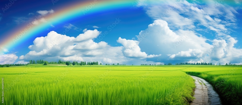 Poster green rice field path with cloudy sky and a rainbow in the background, providing a picturesque copy 