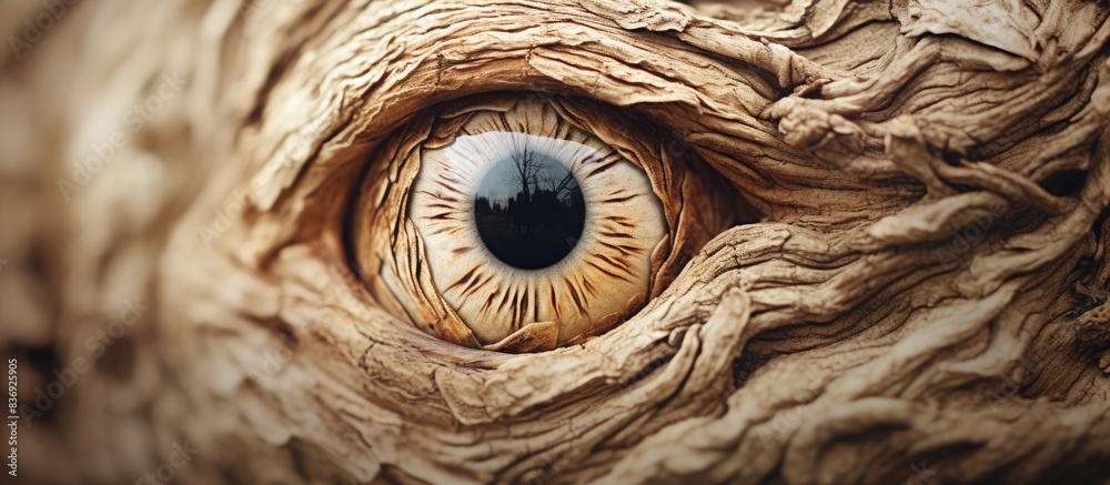 Poster a close-up of a gnarled knot in a tree, resembling an eye, set against a softly blurred background, 
