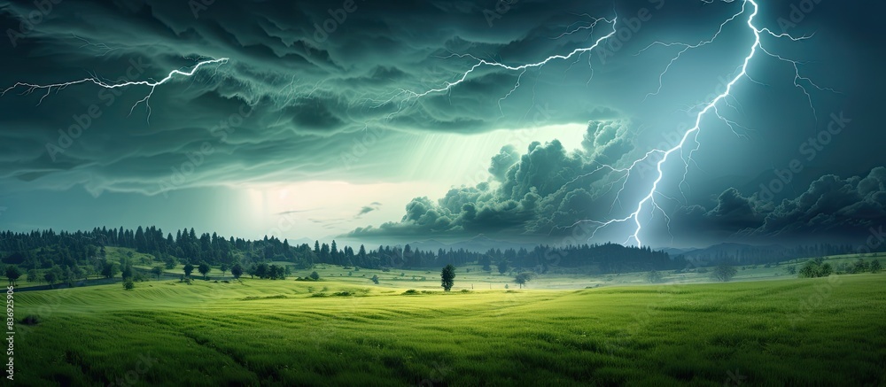 Aufkleber thunderstorm with lightning illuminating a green meadow with a picturesque scenery - ideal for a cop