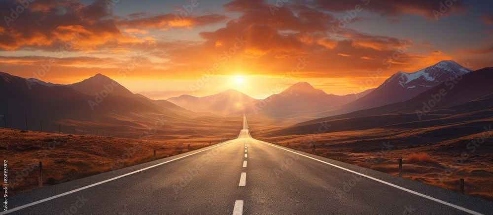 Aufkleber sunrise illuminates a deserted road with mountains in the background, creating a picturesque scene p
