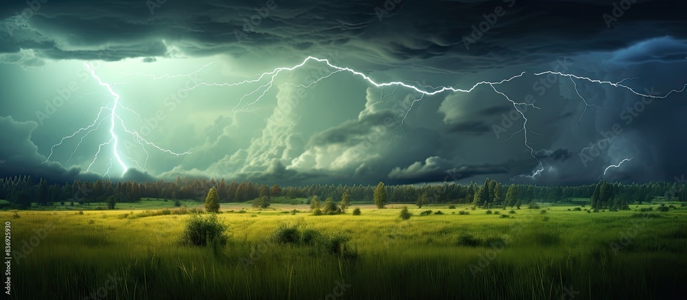 Poster thunderstorm with lightning illuminating a green meadow with a picturesque scenery - ideal for a cop