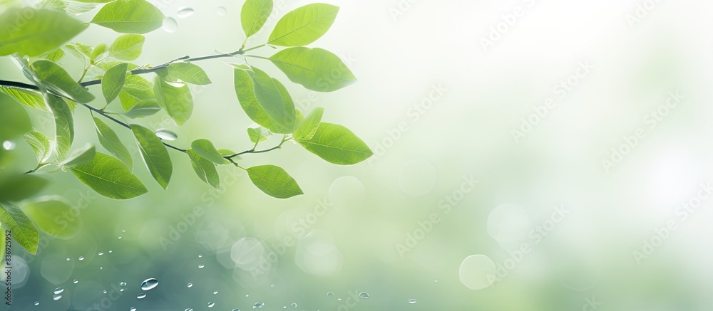 Poster Green leaves are gracefully floating, dancing in the air, purifying the atmosphere as the main focus in a simple image with copy space.