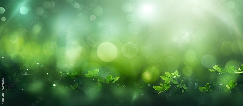 Poster Abstract natural green lights with sun rays creating a bokeh effect in the background of the copy space image.