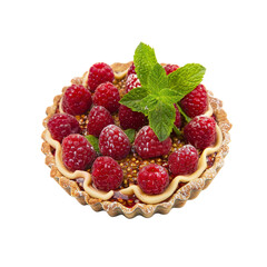 A Delectable Tart Topped With Fresh Raspberries And Mint, Isolated For A Close-Up Shot