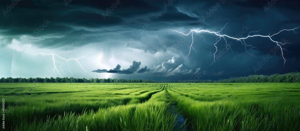Poster thunderstorm with lightning illuminating a green meadow with a picturesque scenery - ideal for a cop