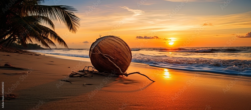 Poster sunset over a beach in sri lanka with a coconut in the foreground, creating a picturesque copy space