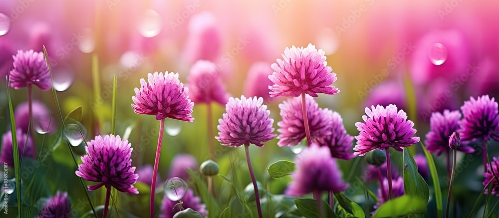 Poster the red clover flowers in the meadow with morning dew on the leaves, creating a picturesque scene wi