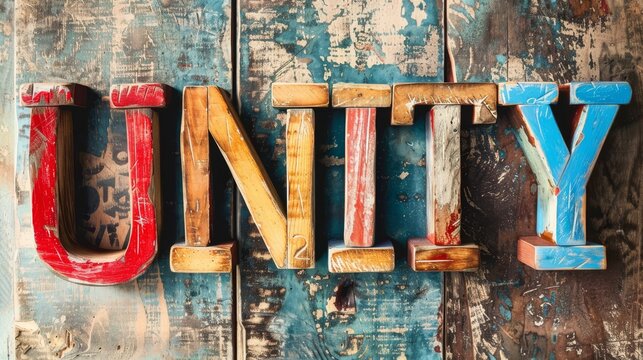 The word "UNITY" spelled out in large colorful letters with each letter representing a different culture or background symbolizing pride in diversity