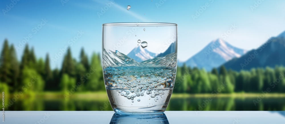 Poster adding pure water into a glass creates a beautiful image of water bubbles, set against a natural bac
