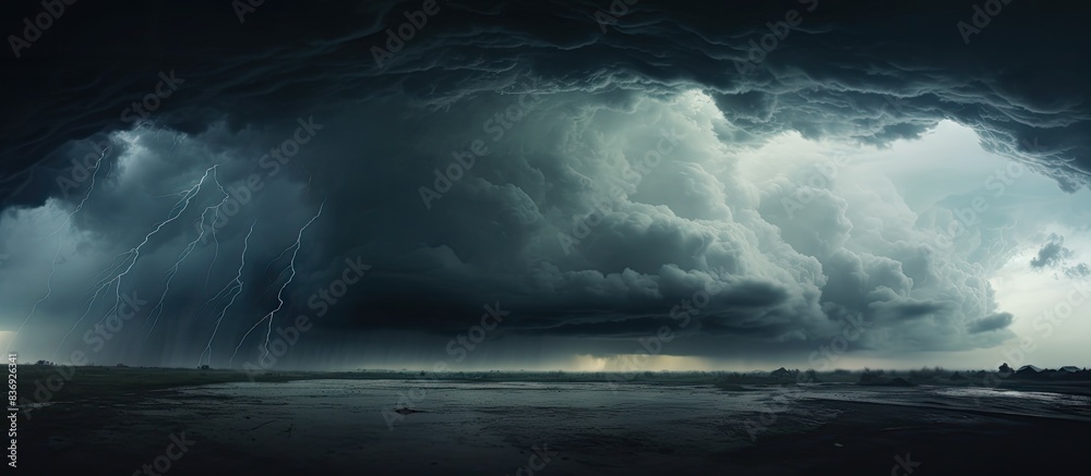 Poster dark storm clouds fill the sky with rain, creating an ominous and stormy atmosphere in nature's envi