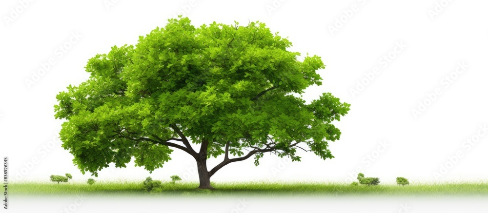 Poster A green tree in a natural setting with a white background, suitable for adding text or images in the blank space.