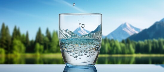Adding pure water into a glass creates a beautiful image of water bubbles, set against a natural backdrop with copy space image.
