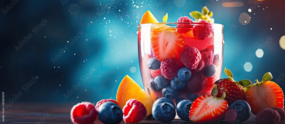Poster filling a glass cup with a fruit smoothie, showing off the vibrant colors and inviting textures in t