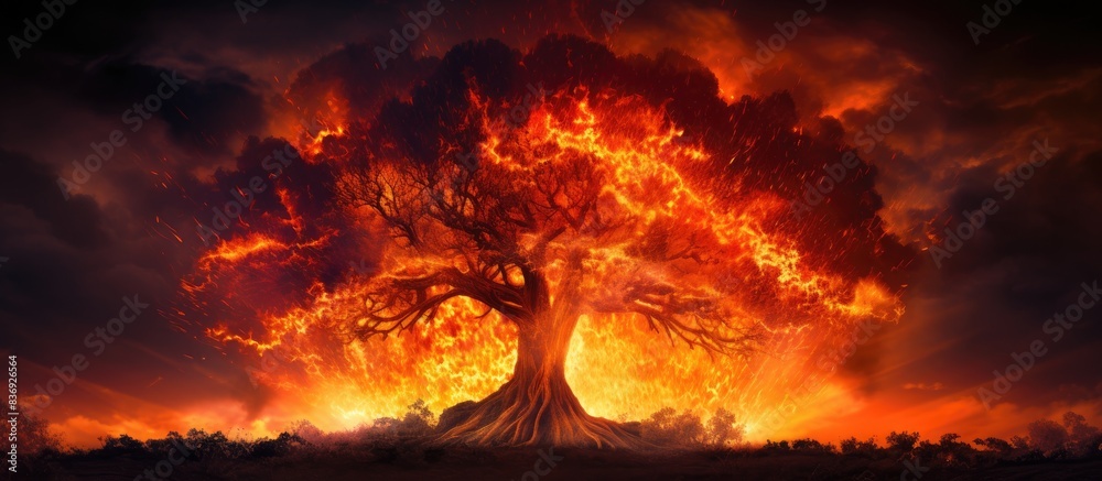 Aufkleber flames engulfing a tree with a striking backdrop, featuring a vivid setting showing a tree ablaze ag