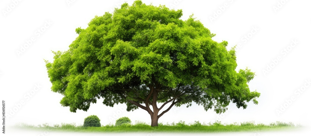 Poster A green tree in a natural setting with a white background, suitable for adding text or images in the blank space.