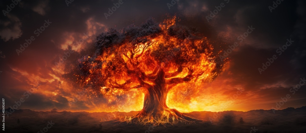 Aufkleber Flames engulfing a tree with a striking backdrop, featuring a vivid setting showing a tree ablaze against a background of darkening skies, a powerful visual with copy space image potential.