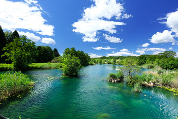 Beautiful green Mreznica river in Belavici village in Croatia, natural landscape