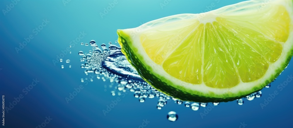 Poster A slice of lime with a drop displayed on a blue background, providing a refreshing and vibrant copy space image.