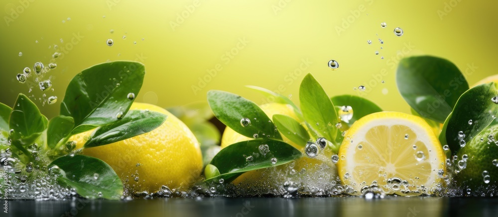 Poster refreshing lemon water with fresh lemons and lush green plants, perfect for a tranquil setting with 