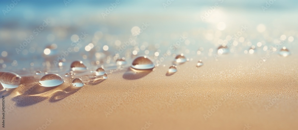 Poster close-up of water drops on the beach, highlighting the texture of sand in a copy space image.