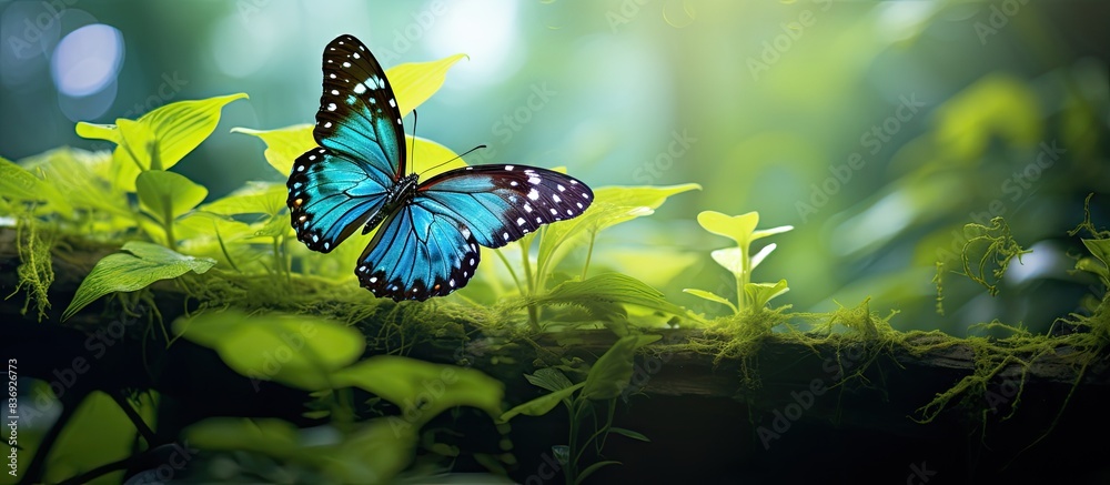 Poster in the garden, a butterfly rests gracefully on lush green leaves, creating a serene scene with an et