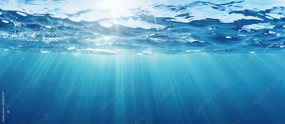 Poster Blurry blue clear water with ripples and bubbles, featuring a shining pattern texture background, ideal for a copy space image.