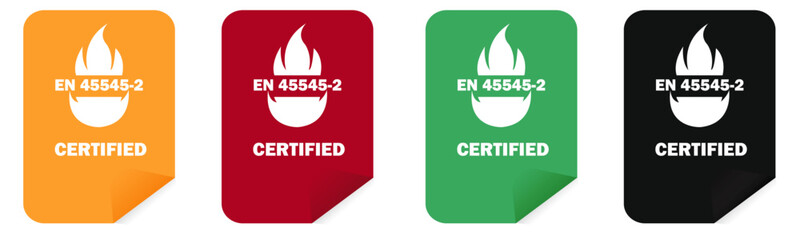 Set of Labels certified EN 45545-2. Sticker with transparent background. Various colours. Badge fire protection for railway vehicles. label illustration. Stock vector