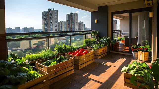 Sleek urban balcony garden with raised beds and wooden boxes containing various vegetables, creating an indoor oasis for home gardening enthusiasts.