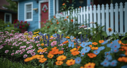 Flower garden in front yard, apartment, Gorgeous flower bed, types of flowers such as, Plant old-fashioned favorites like peonies, lavender, and sweet peas. Generative AI.