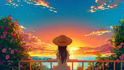 Anime Style: Girl in Straw Hat Watching Sunset, Vibrant Illustration