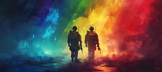 Fototapeta premium Silhouette of military soldier with rainbow background. LGBT pride gender equality concept. Generative AI technology. 