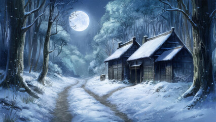 The winter forest path leading to the house is flooded with the unearthly light of the full moon.