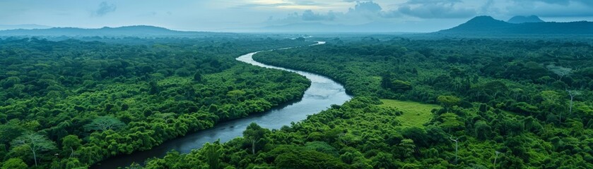 Fototapeta premium Panoramic view of a jungle with a meandering river, lush greens and vibrant ecosystem teeming with wildlife, a nature lovers dream