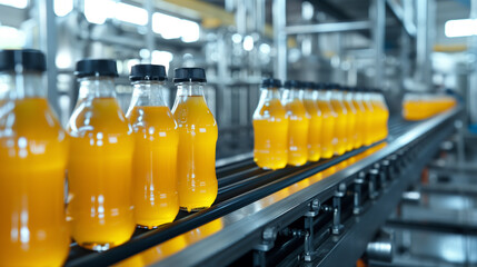 Beverage production line of manufacturing and glass bottles packaging in factory.