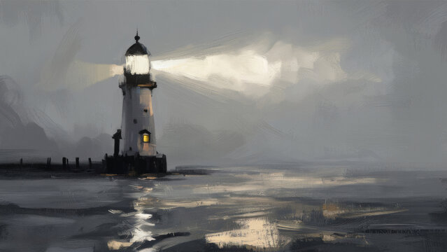 A lonely lighthouse at a misty dawn, its light shining through the fog.
