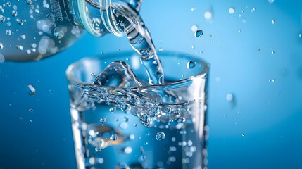 Water being poured into glass, blue background, macro photography, water drops in air, water bottle pouring water, closeup of water and plastic cup. © horizon