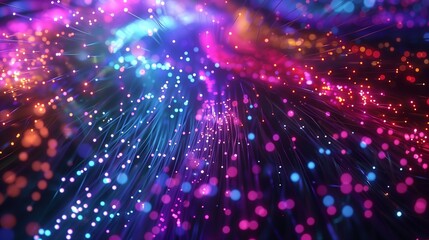 Fototapeta premium A bird's-eye view of a sprawling network of glowing fiber optic cables, pulsing with vibrant colors.