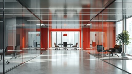 Empty modern office with glass doors, red accented office. Generative AI.